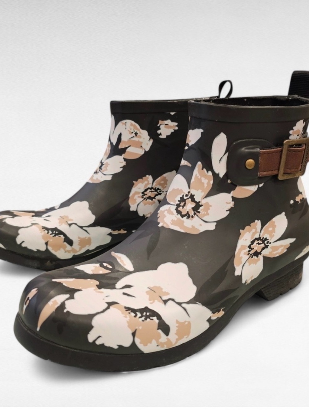chooka Black Floral Ankle Rain Boots with Beige Accents